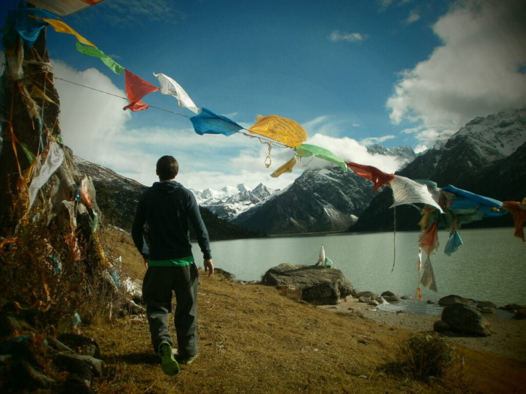 Walking around Ganzi Lake with the Chola Mountains in the background.