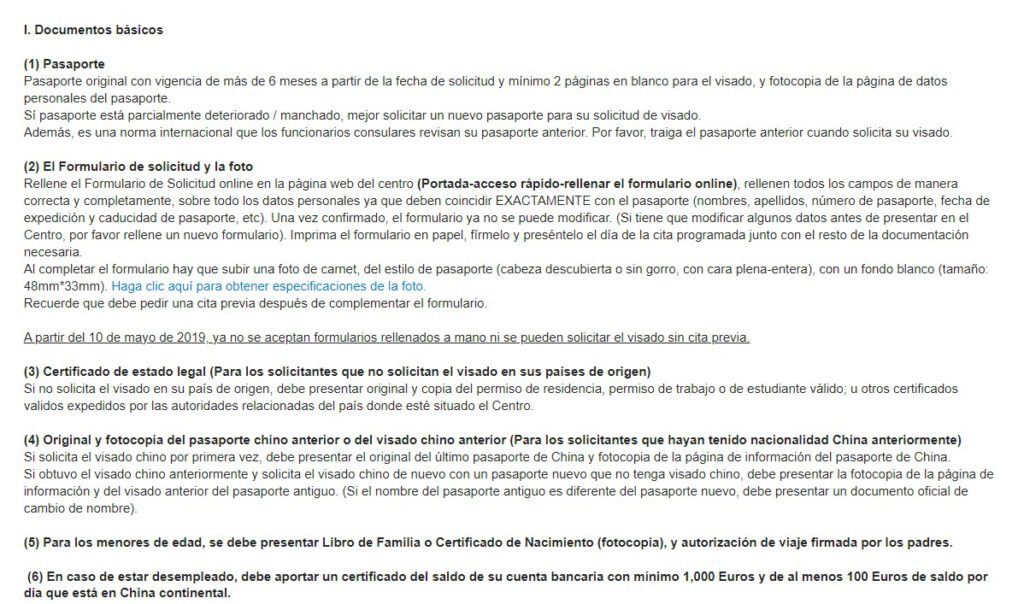 Visado China - Documentos necesarios