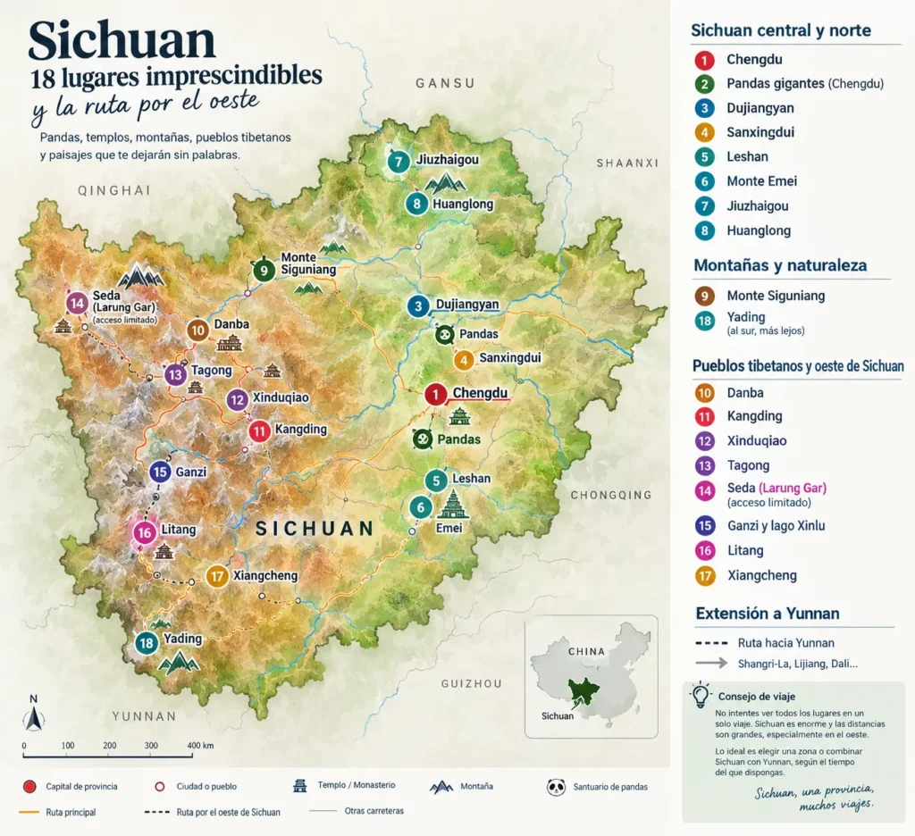 Qué ver en Sichuan: 18 lugares imprescindibles 1 Mapa de Qué ver en Sichuan, China
